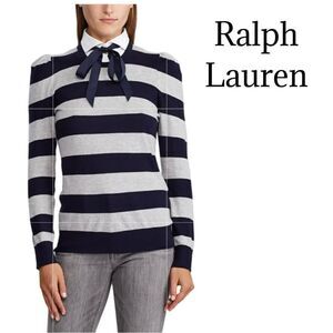 RALPH LAUREN Navy/Gray/White Layered-Look Tie-Neck Striped Sweater Sz S NWT